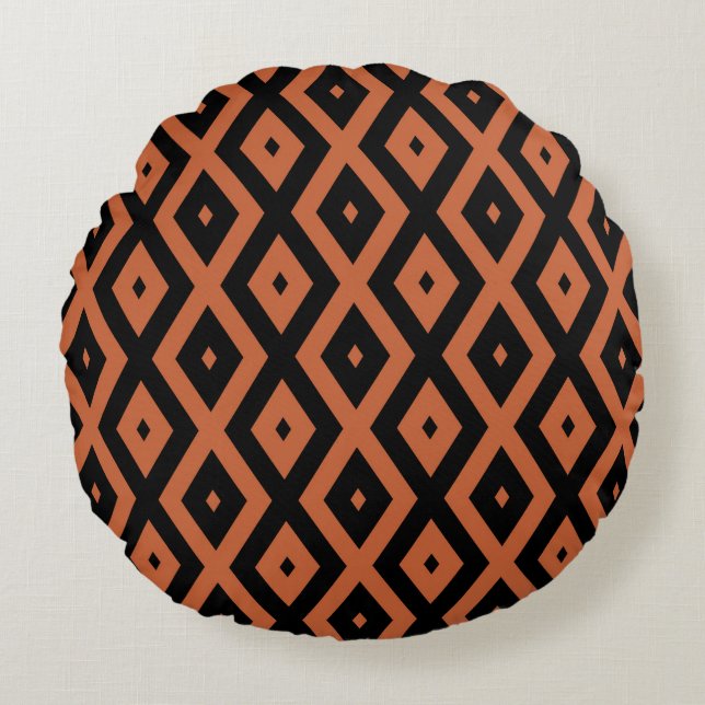 Orange and black diamond pattern round cushion (Front)