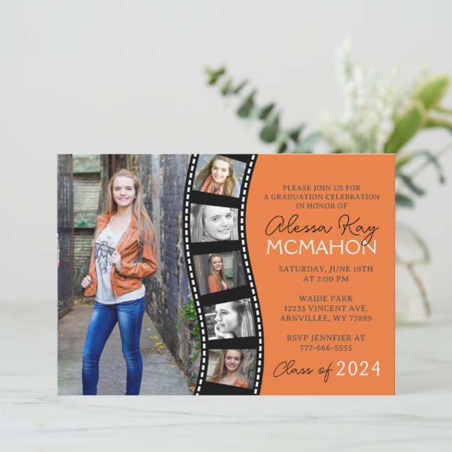 Orange and Black Filmstrip 6 Photo Graduation Invitation (Standing Front)