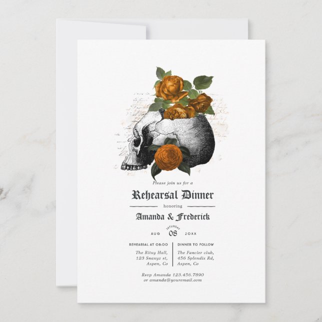 Orange and Black Floral Gothic Rehearsal Dinner Invitation (Front)