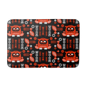 Orange And Black Folk Art Nordic Owl Bath Mat