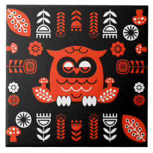 Orange And Black Folk Art Nordic Owl Ceramic Tile