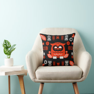 Orange And Black Folk Art Nordic Owl Cushion