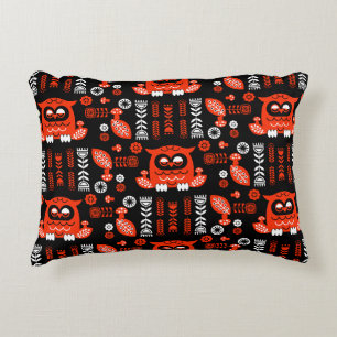 Orange And Black Folk Art Nordic Owl Decorative Cushion