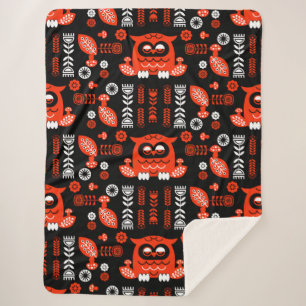 Orange And Black Folk Art Nordic Owl Sherpa Blanket