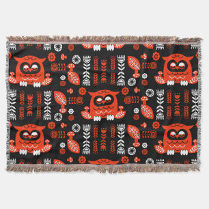 Orange And Black Folk Art Nordic Owl Throw Blanket