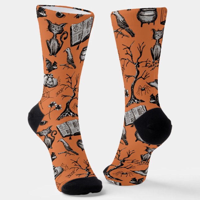 Orange and Black Fun Spooky Halloween  Socks (Angled)