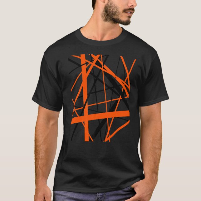 Orange and Black Geometric Strips Cut Out Pattern T-Shirt (Front)