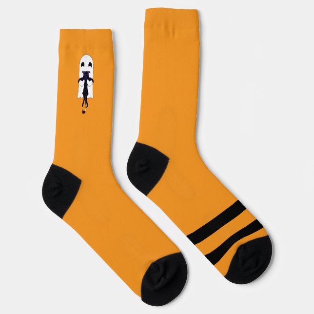 Orange and Black Ghost and Cat Crew Socks (Right)