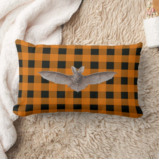 Orange and Black Gingham With  Brown Bat Lumbar Cushion (Blanket)