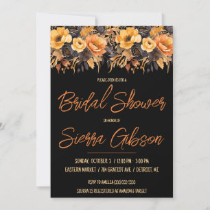 Orange and Black, Halloween, Floral Bridal Shower Invitation
