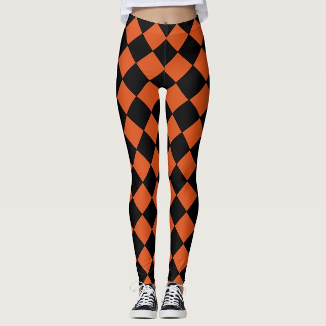 Orange and Black Harlequin Diamond Checked Pattern Leggings (Front)