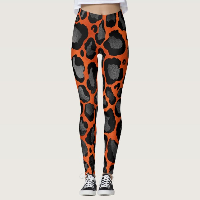 Orange And Black Leopard Print Leggings (Front)