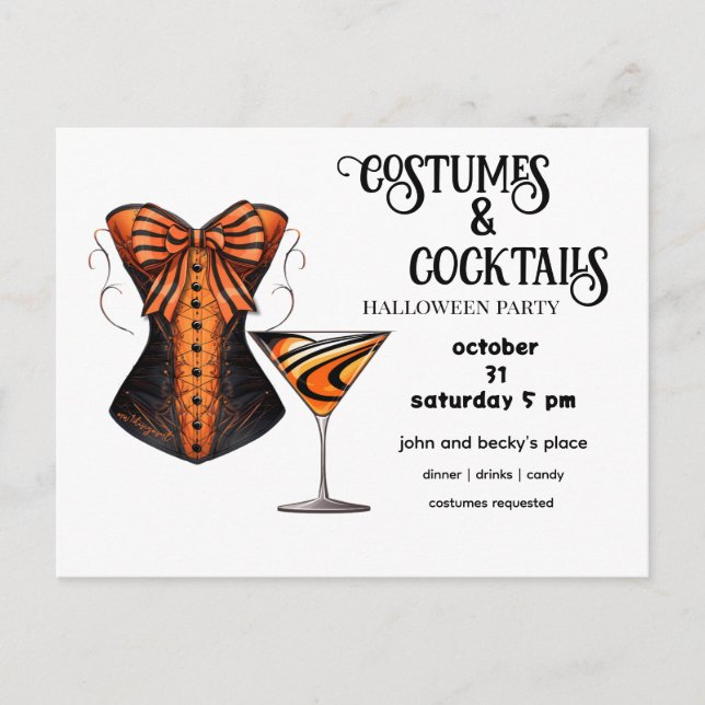 Orange and Black Martini and Costume & Cocktails  Holiday Postcard (Front)