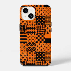 Orange and Black Mixed Patterns Patchwork Design iPhone 14 Case