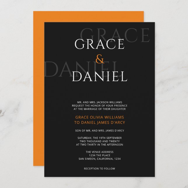 Orange and Black Modern Shadow Name Wedding Invitation (Front/Back)