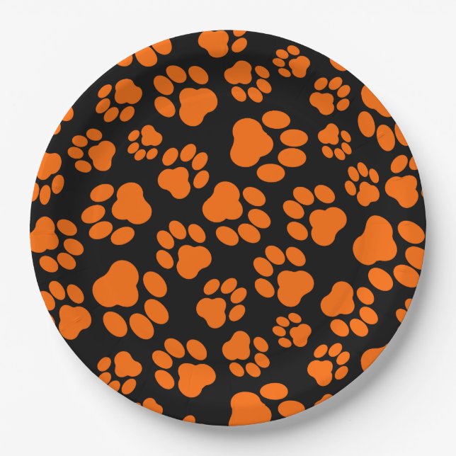 Orange-and-Black Paw Print Paper Plates (Front)
