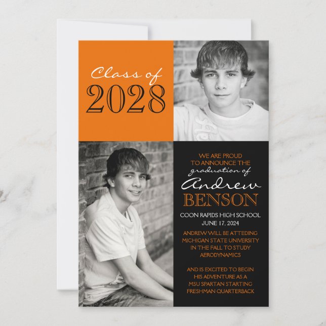 Orange and Black Photo Graduation Announcement (Front)