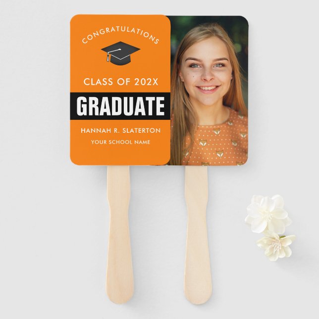 Orange and Black Photo Graduation Hand Fan (Front and Back)