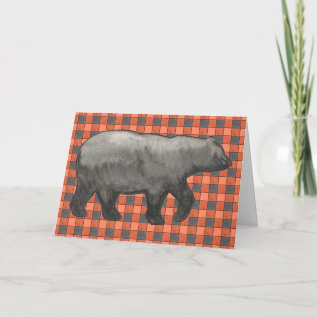 Orange and Black Plaid Check Card with Bear (Front)