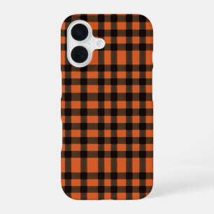Orange and Black Plaid Checkered Pattern iPhone 16 Case