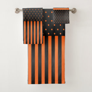 Orange and Black Polka Dots and Stripes Bath Towel Set