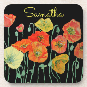 Orange and Black Poppies art Red Yellow Floral Coaster