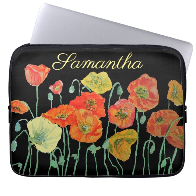Orange and Black Poppies floral Orange red Laptop  Sleeve (Front)