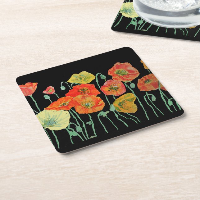 Orange and Black Poppies Flower Paper Coaster (Angled)