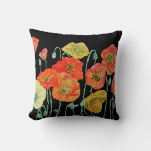 Orange and Black Poppies Poppy art Decor Cushion