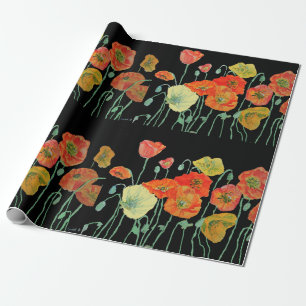Orange and Black Poppies Watercolor Wrapping Paper