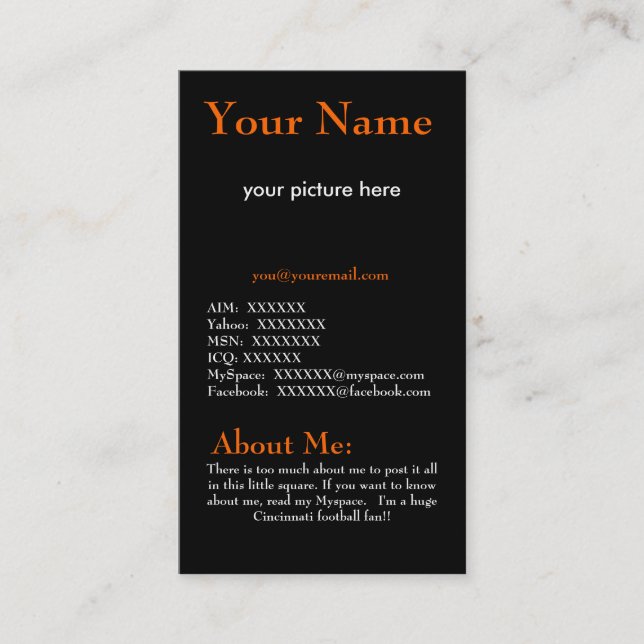Orange and Black Profile Card (Front)