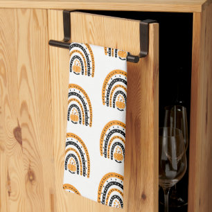 Orange and Black Rainbows Bats White Halloween Tea Towel