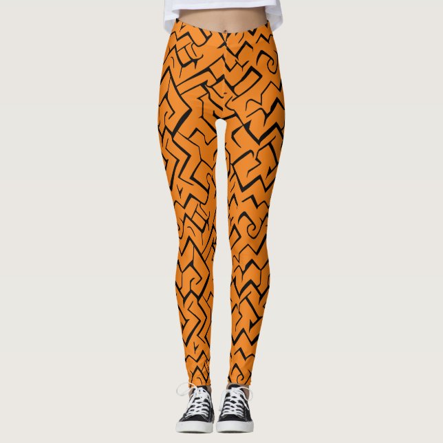 Orange And Black Repeating Pattern | Modern Maze Leggings (Front)