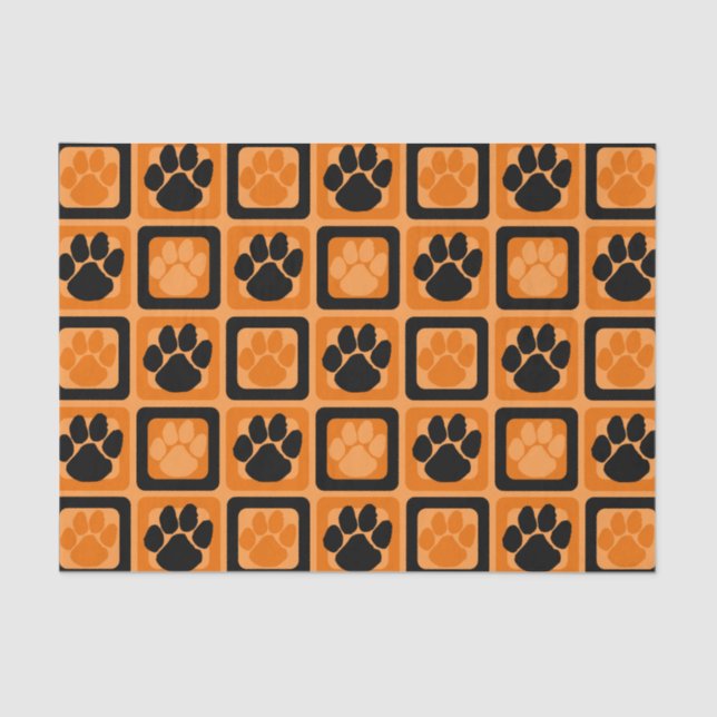 Orange and Black Repeating Pawprint  Tissue Paper (Front)