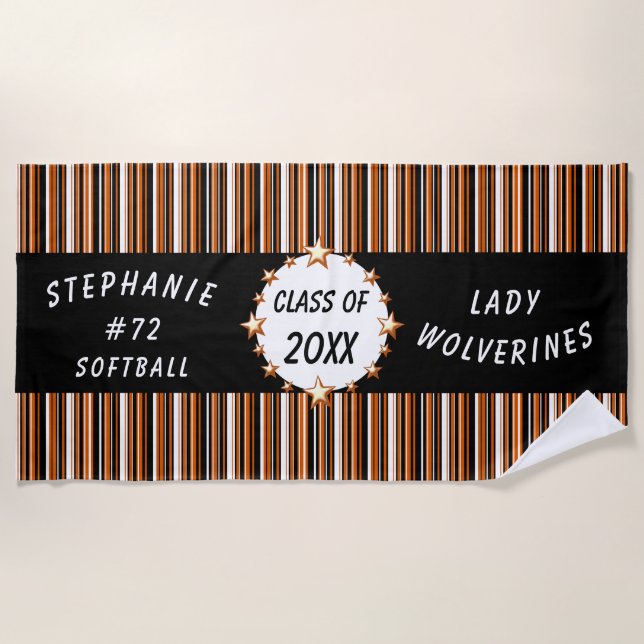 Orange and Black School Graduation Personalised Beach Towel (Front)
