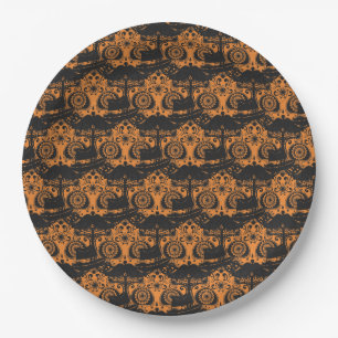 Orange and Black Skull Halloween party Paper Plate