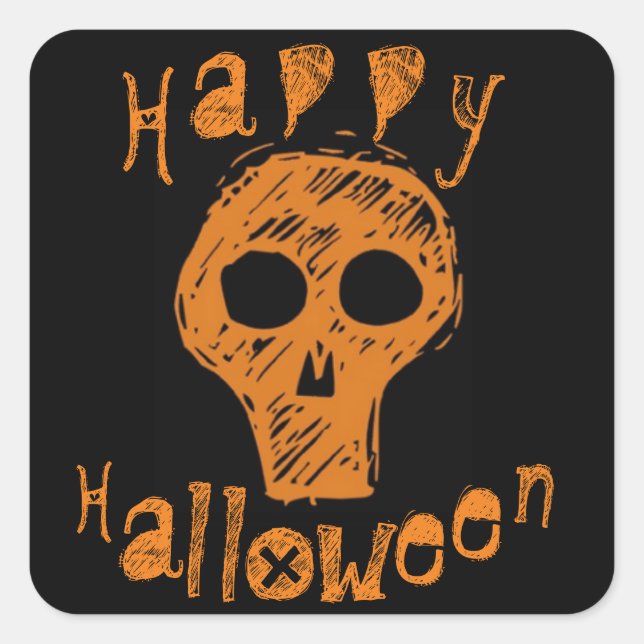 Orange and Black Skull Happy Halloween Square Sticker (Front)