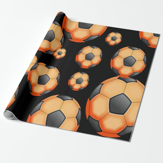 Orange and Black Soccer ball Gift Wrapping Paper (Unrolled)