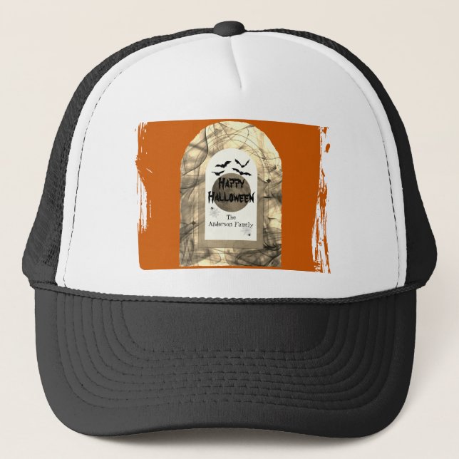 Orange and Black Spooky Full Moon Happy Halloween Trucker Hat (Front)