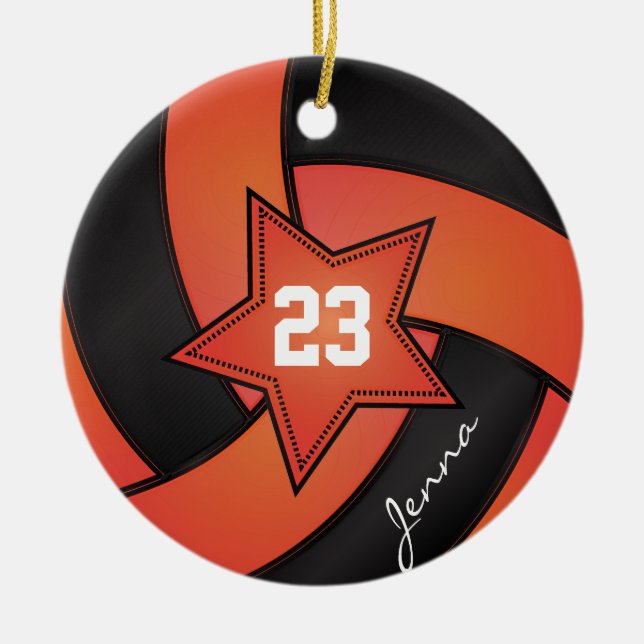 Orange and Black Star Volleyball Ceramic Ornament (Front)