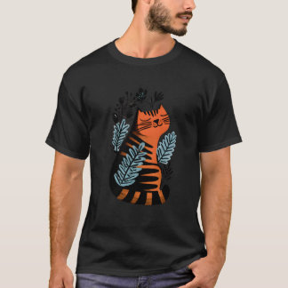 Orange and Black Striped Cat with Floral Design T-Shirt