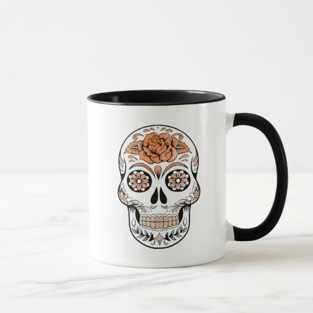 Orange and Black Sugar Skull and Rose Halloween  Mug (Right)