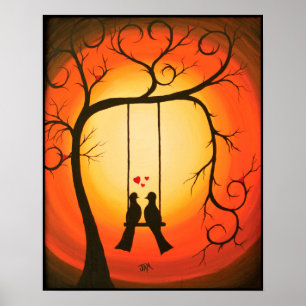 Orange and black sunset with birds poster