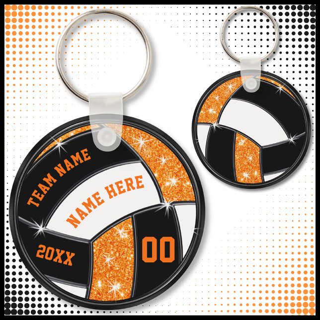Orange and Black Volleyball Gifts for Players Key Ring (Cheap Orange, Black and White, Volleyball Souvenirs. Personalized volleyball party favors.)