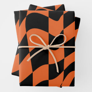 Orange and Black Warped Chequerboard Wrapping Paper Sheet