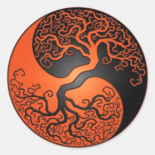 Orange and Black Yin Yang Tree Classic Round Sticker