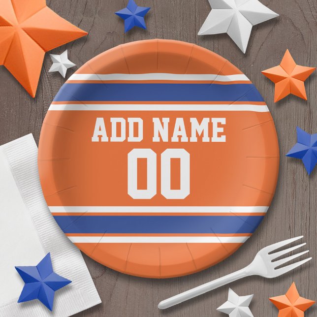 Orange and Blue Birthday Sports Jersey Paper Plate (Personalized party plates - sports theme for birthday or any occasion)