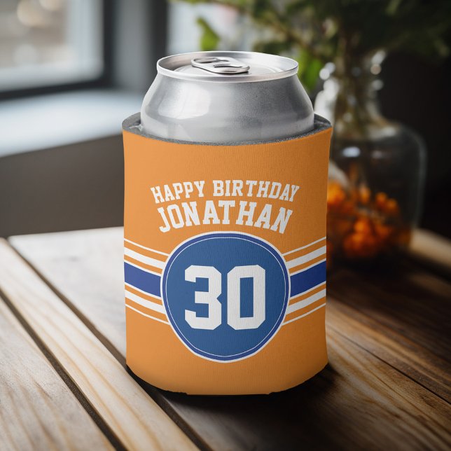 Orange and Blue Birthday Sports Theme Can Cooler (Personalized Can Cooler - add a name and custom text to this sports jersey design)