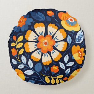 Orange and Blue Bold Retro Floral Illustration Round Cushion