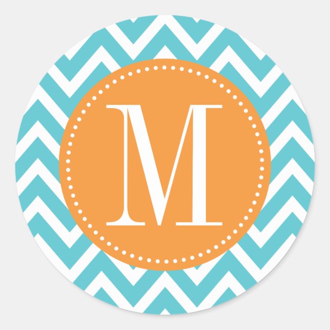 Orange and Blue Chevron Custom Monogram Classic Round Sticker (Front)